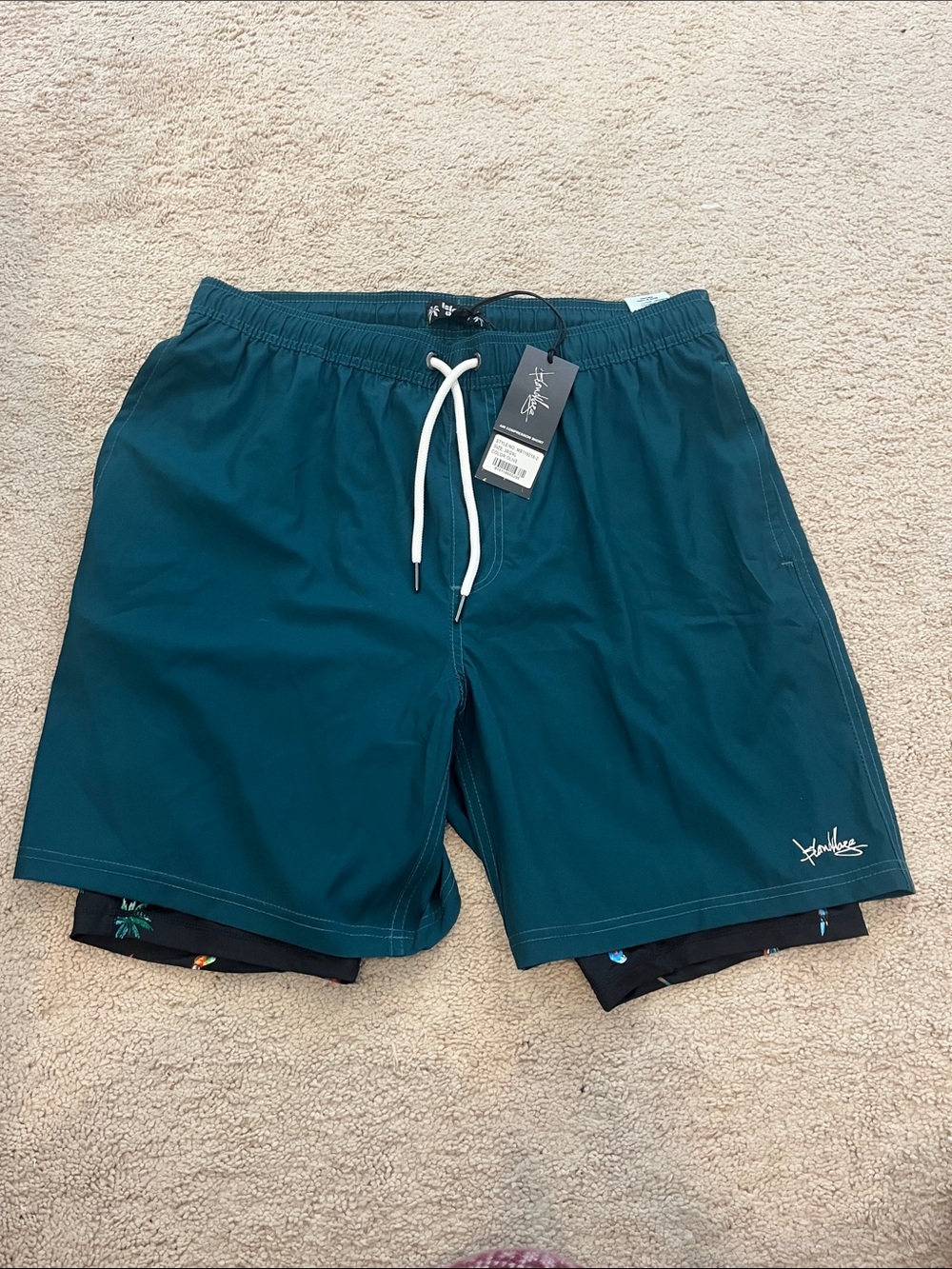 Men's Teal Swim Trunks with Drawstring Waist and Subtle Logo